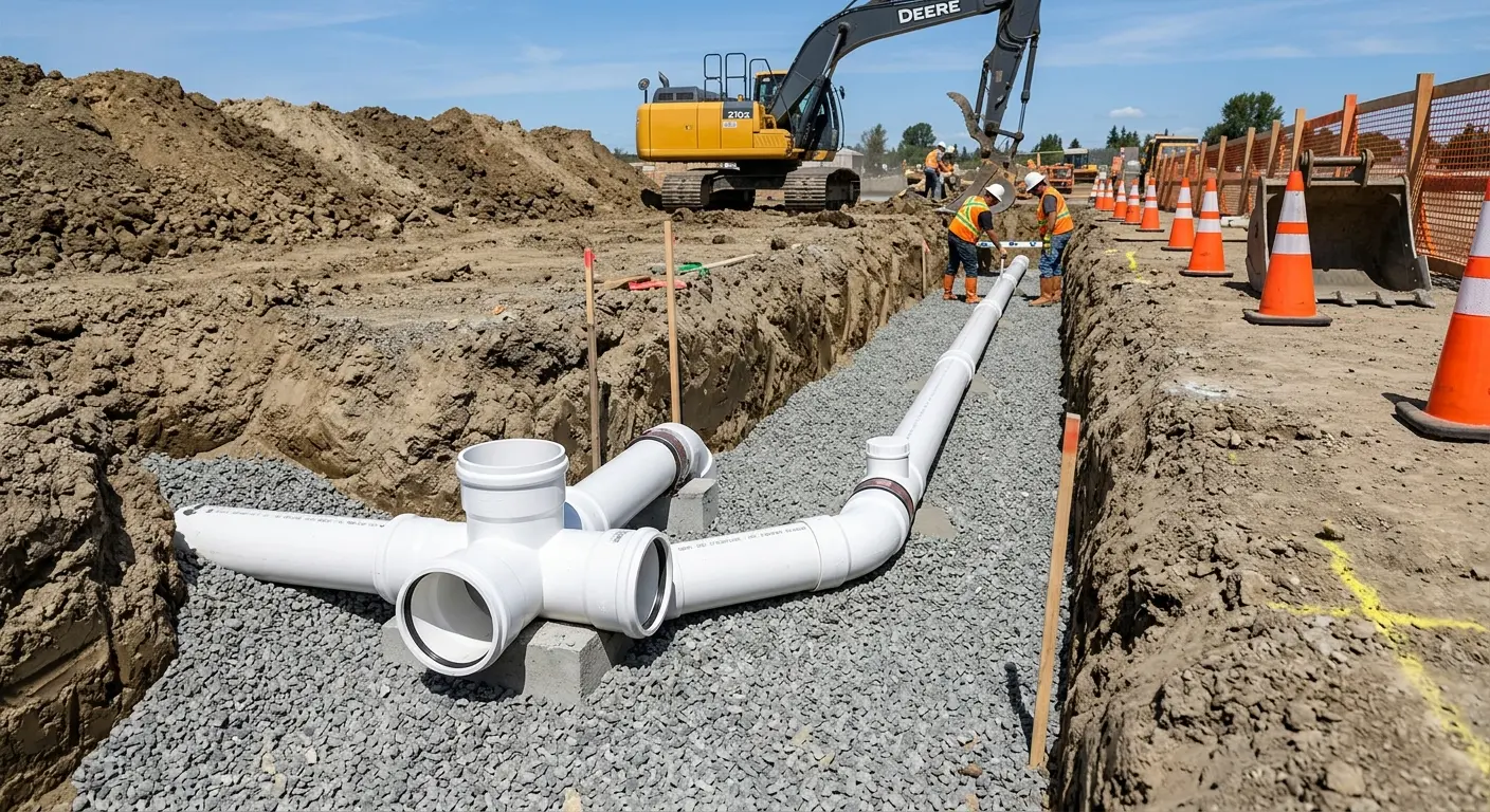 New PVC sewer pipe installation in open trench for Sewer Backup in Granby