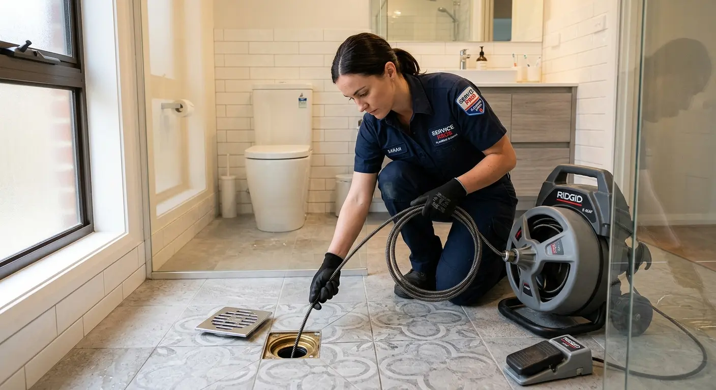 Technician clearing a bathroom floor drain for Sewer Line Installation in Granby